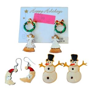 Holiday Earring Lot 4 sets Christmas Angel Wreath Snowman Santa Moon